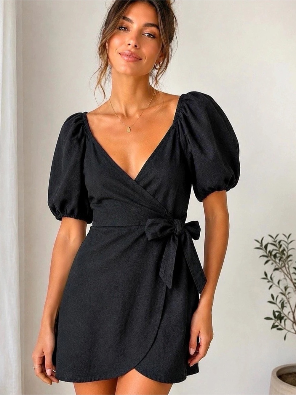 Abercrombie & Fitch Puff Sleeve Tie-Front Mini Dress Black XS petite